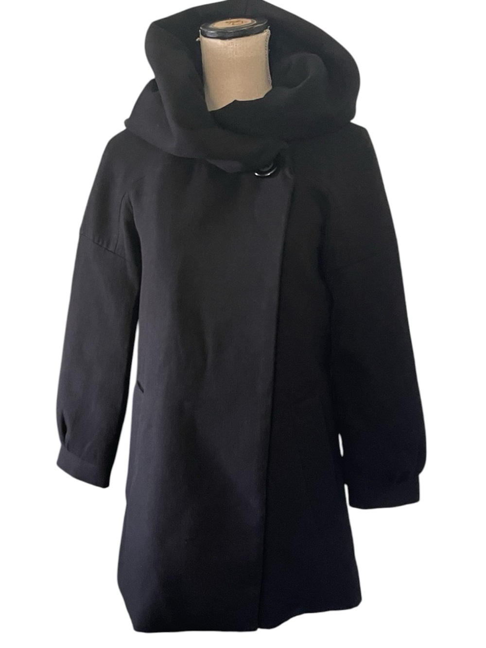 RW&CO. Black Hooded Wool Blend One Button A-Line Swing Coat (XS)